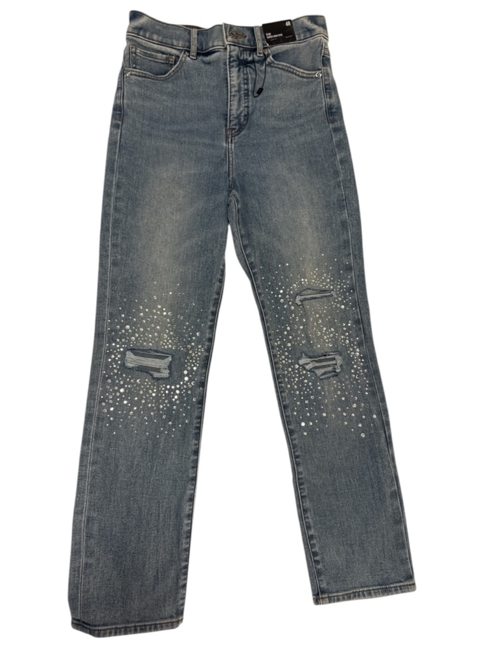 NWT Express Mid-Wash Distressed Straight Jeans with Rhinestone Detail. Size 4